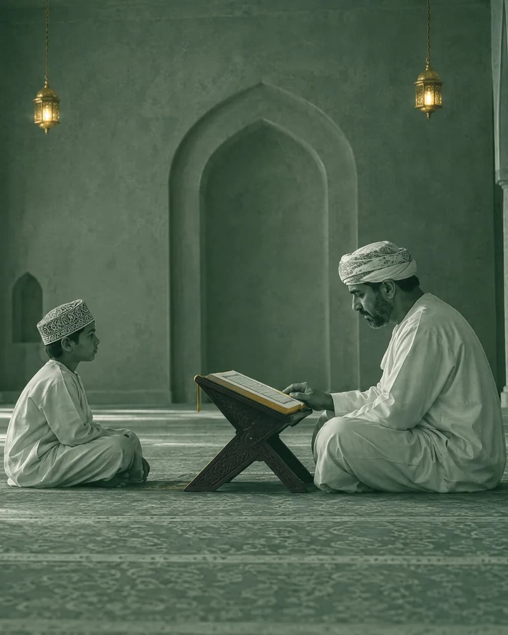 فتى يسمّع ما حفظ على معلّمه في المسجد، والمصحف أمام المعلّم على المِرفع